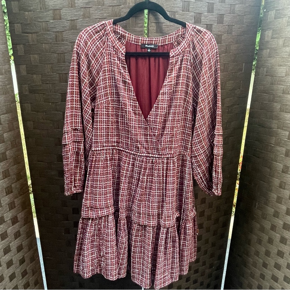 Madewell Merlot Seersucker Checkered Long Sleeve, V neck Dress - Size XS - Picture 2 of 16